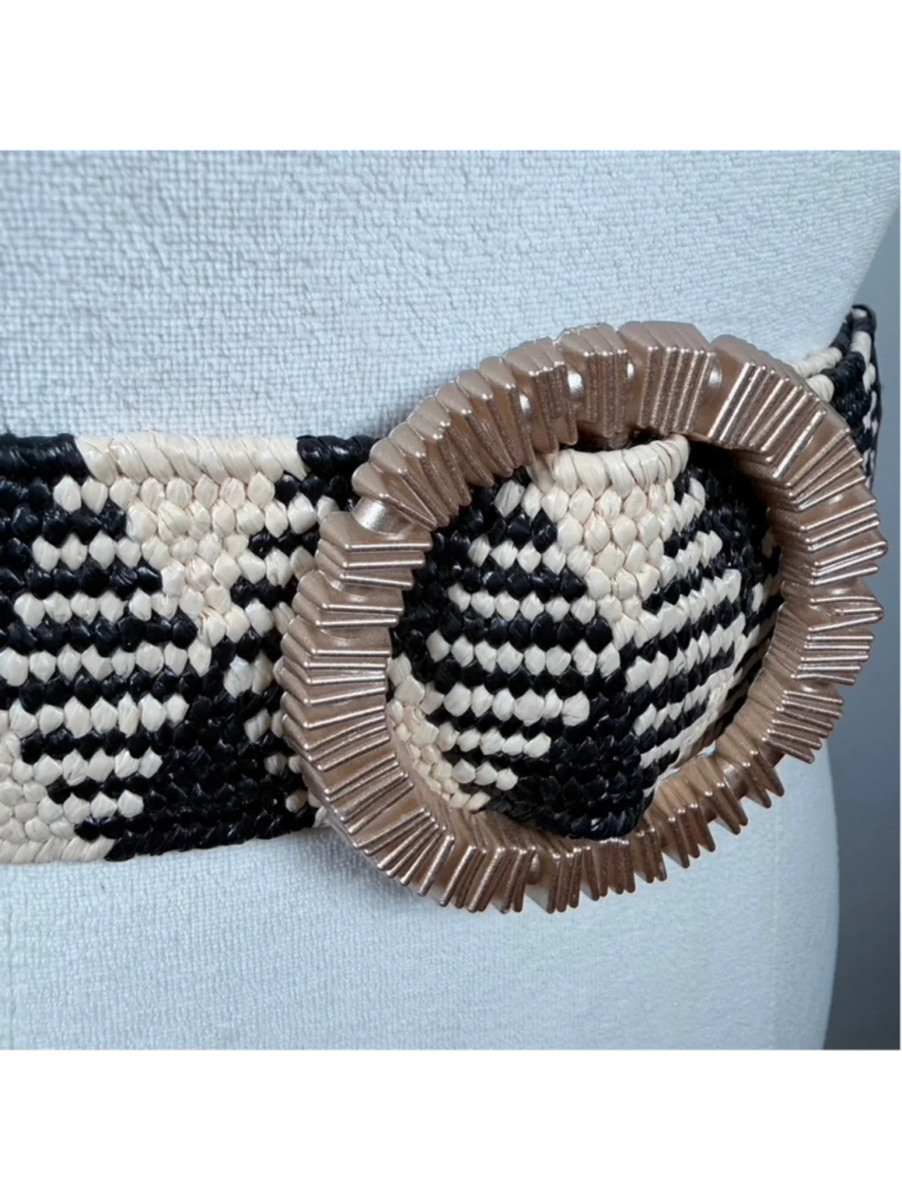 Bohemian Stretch Raffia Belt Black Beige Knit Woven Waist Belt Coastal Size M/L